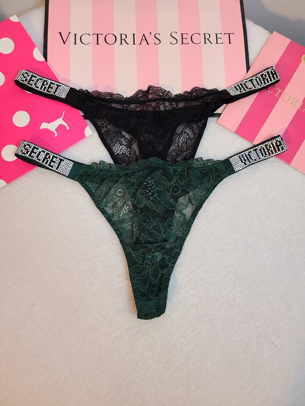 VS Very Sexy 2pk Sheer Lace Shine Strap V-string Thong Panties Size M